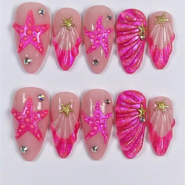 Pink and Gold Starfish Nails